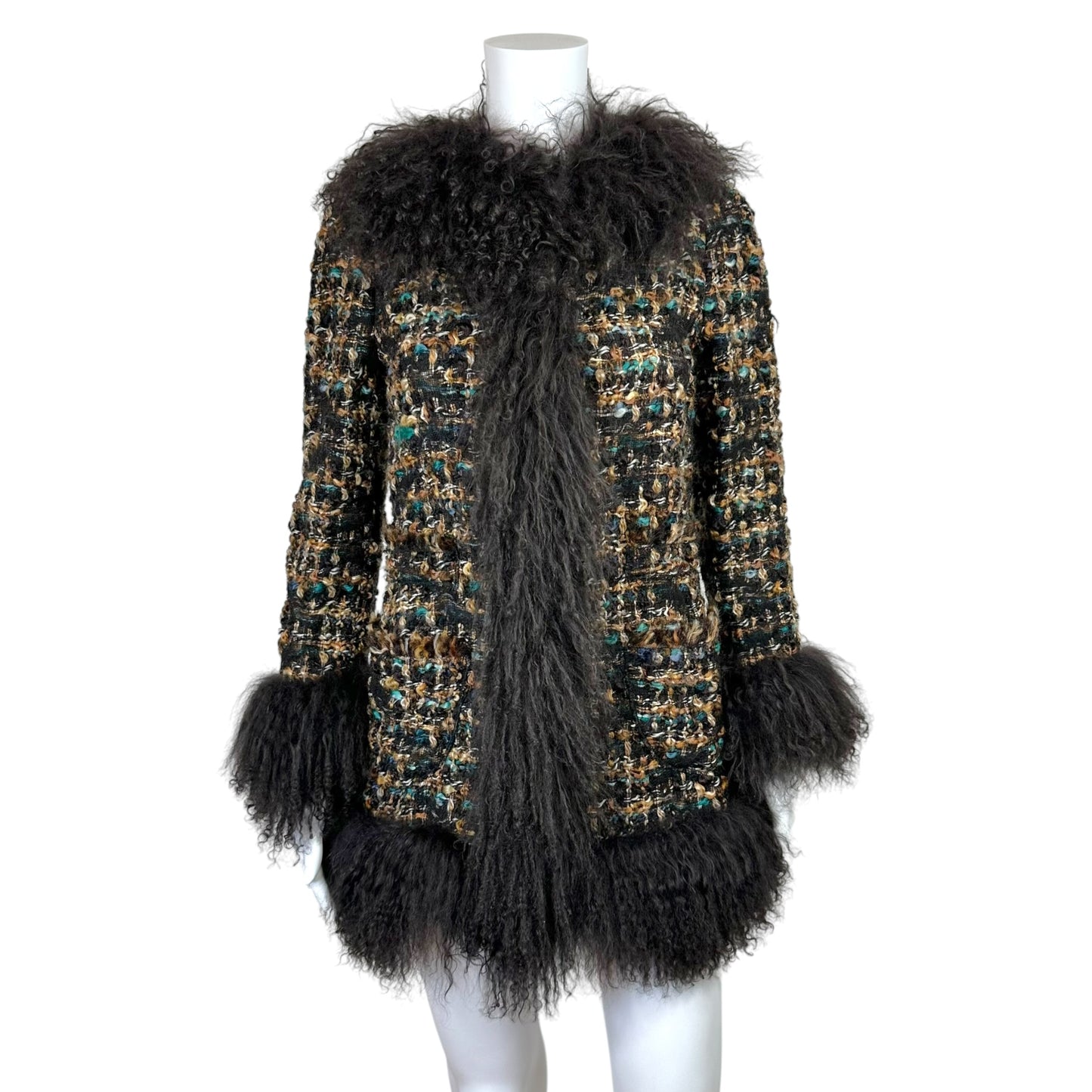 Dolce & Gabbana Brown Multicolor Tweed & Mongolian Lamb Fur Penny Lane Jacket