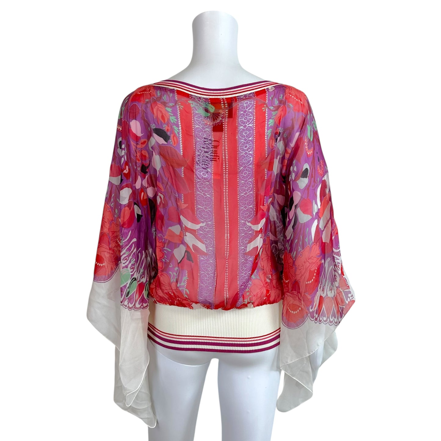 Roberto Cavalli Class White & Red Floral Print Sheer Silk Wide Sleeve Blouse