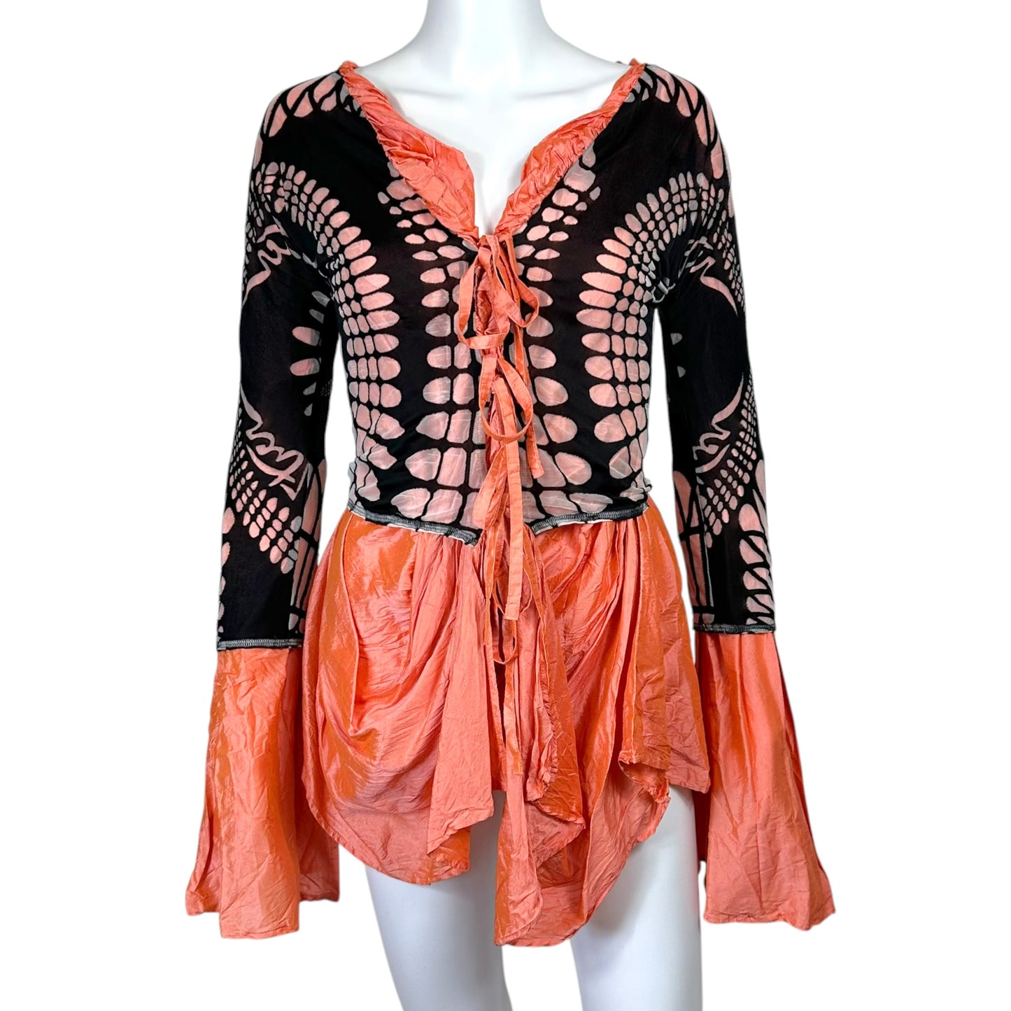 Jean Paul Gaultier Coral Silk & Black Sheer Overlay Tie Front Blouse