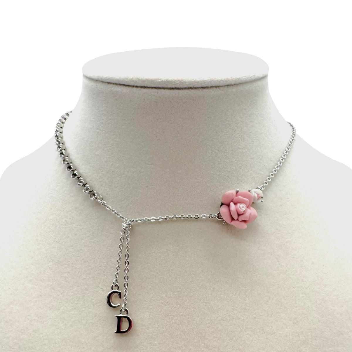 Christian Dior Silver Rhinestone Flower & Bow Logo Necklace