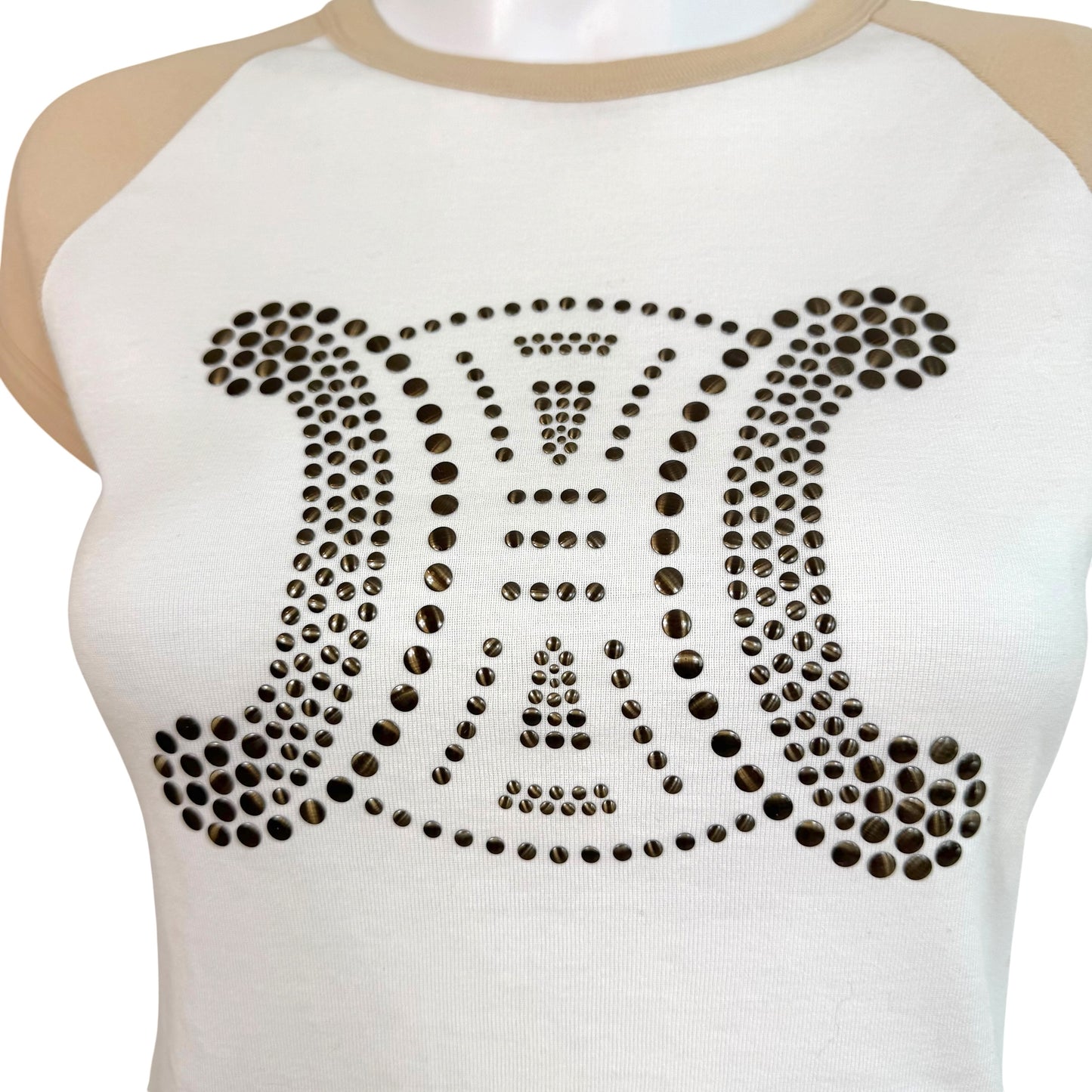 Celine Beige White Studded Triomphe Logo T-Shirt