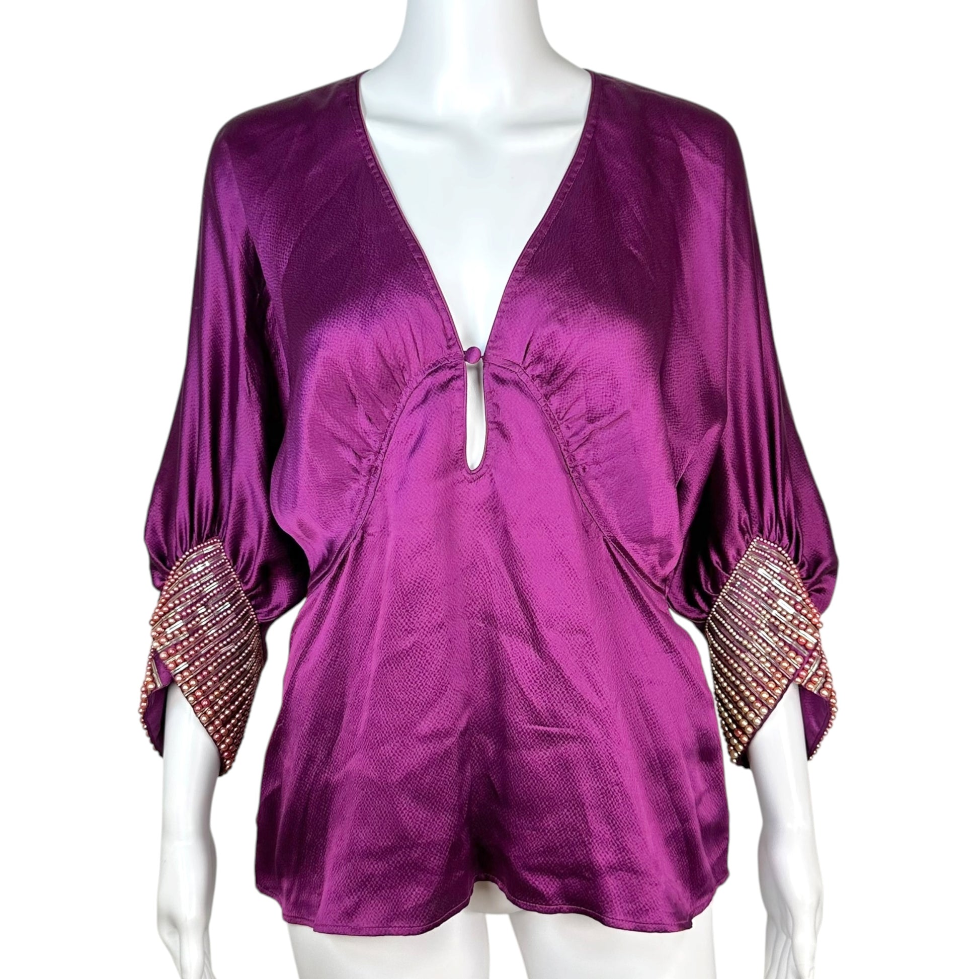 Roberto Cavalli Dolman Blouse Purple Silk Beaded Sleeve
