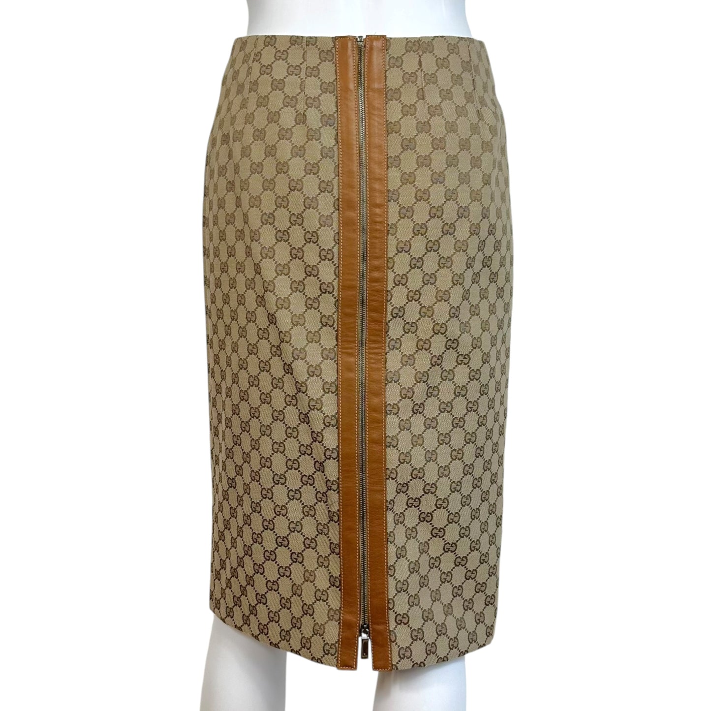 Gucci by Tom Ford 2000 Tan Monogram & Leather Midi Skirt