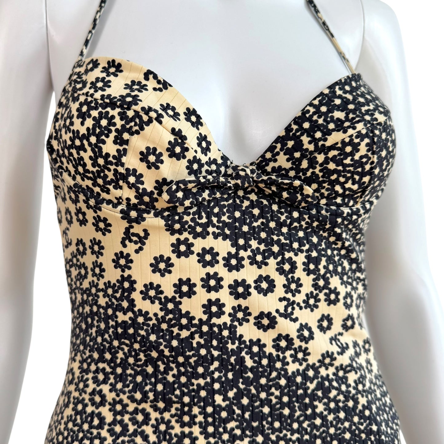 Chanel Spring 2003 Ivory & Navy Floral Print Logo Halter Mini Dress