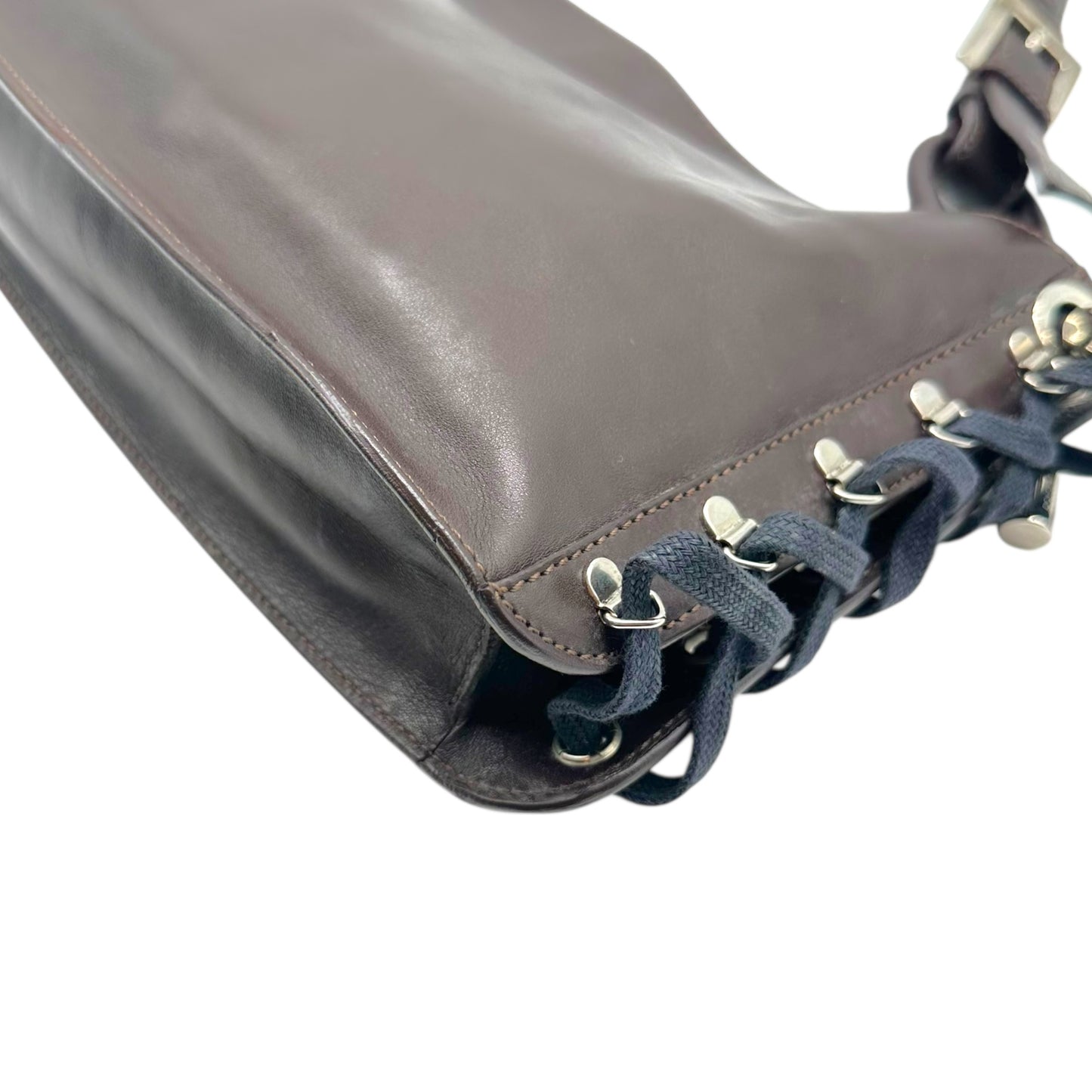 Dolce & Gabbana Brown Leather Navy Lace Up Side Shouler Bag