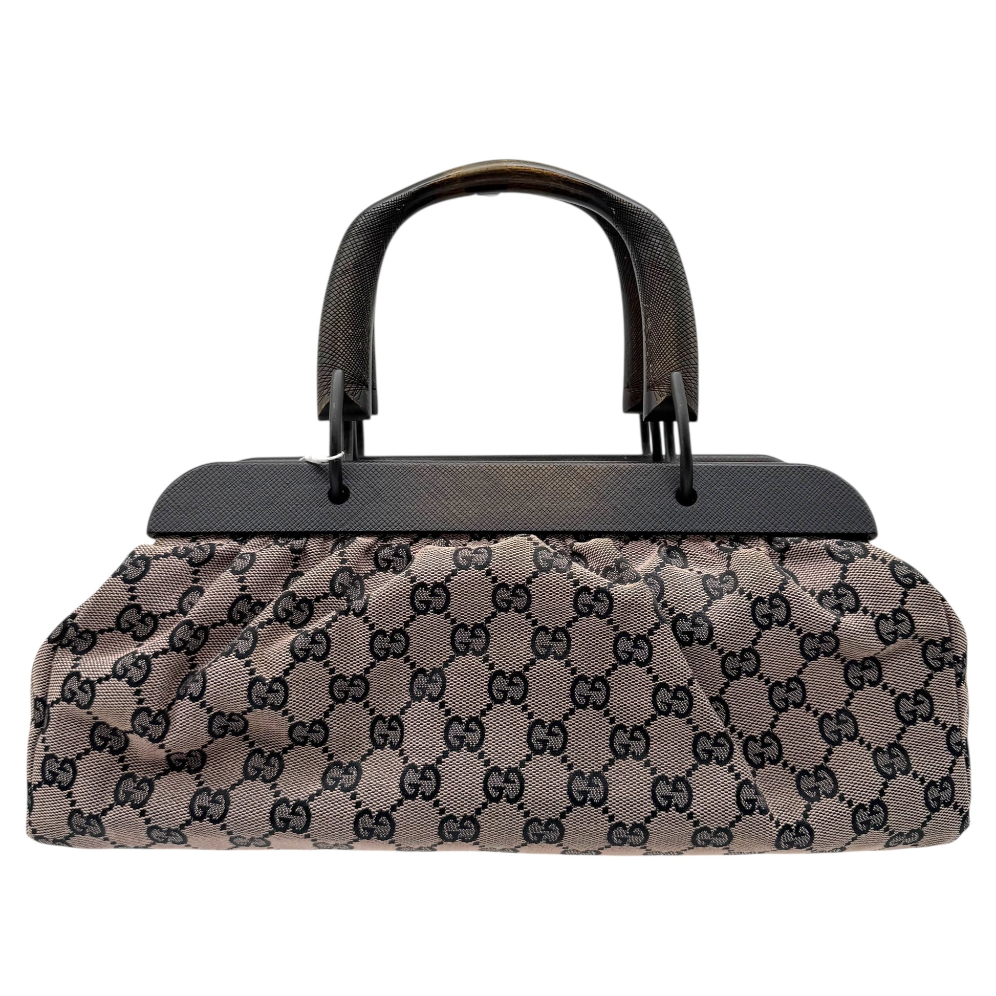 Gucci by Tom Ford Beige & Black Monogram Wooden Handle Bag - Outfit Repeater