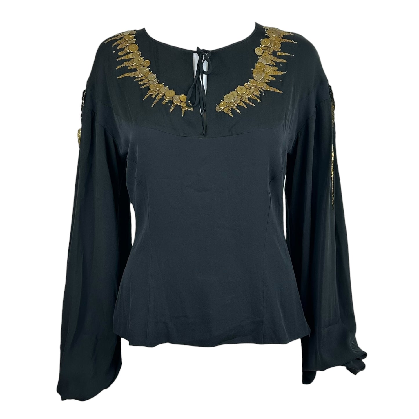 Emilio Pucci Silk Peasant Blouse Black Gold Beaded