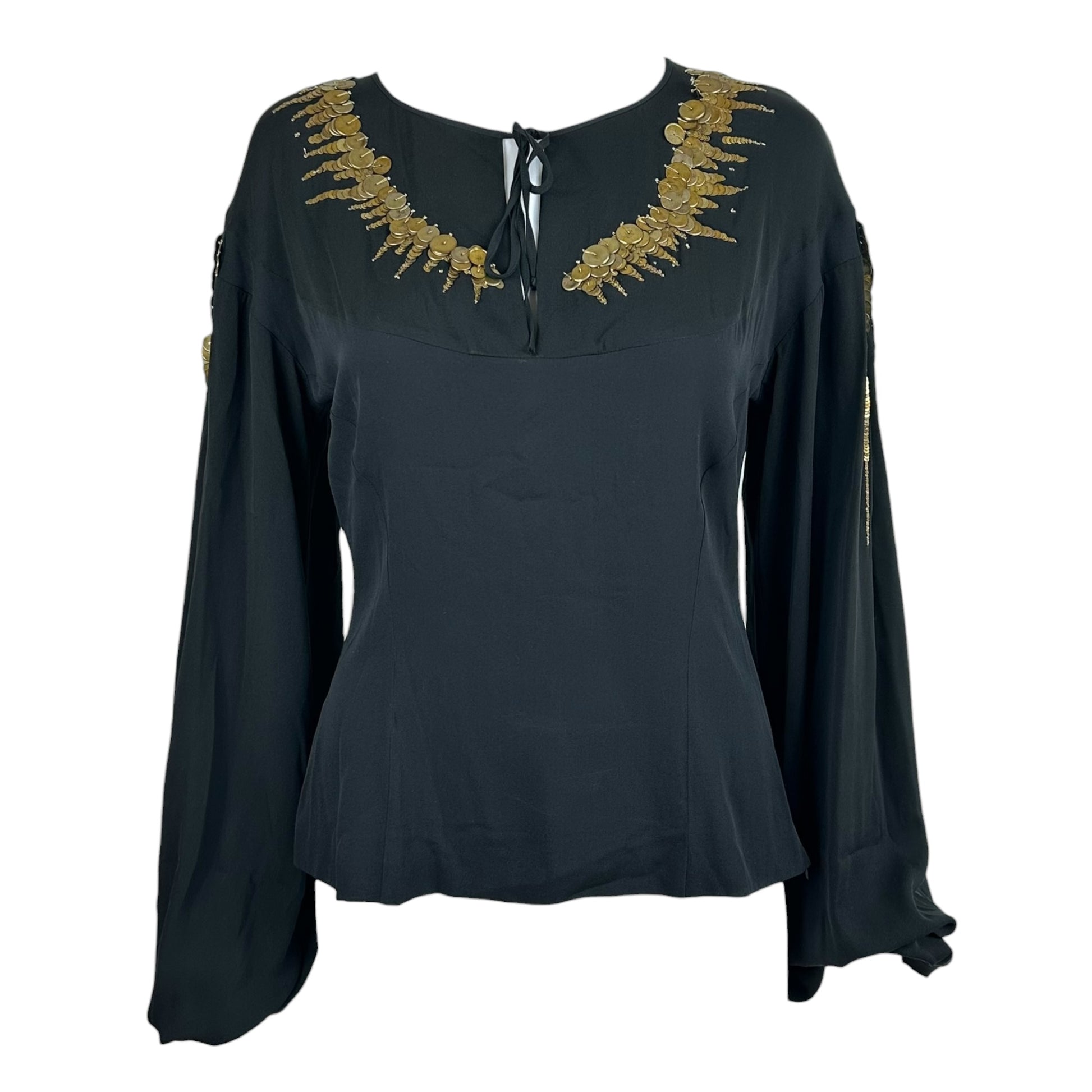 Emilio Pucci Silk Peasant Blouse Black Gold Beaded