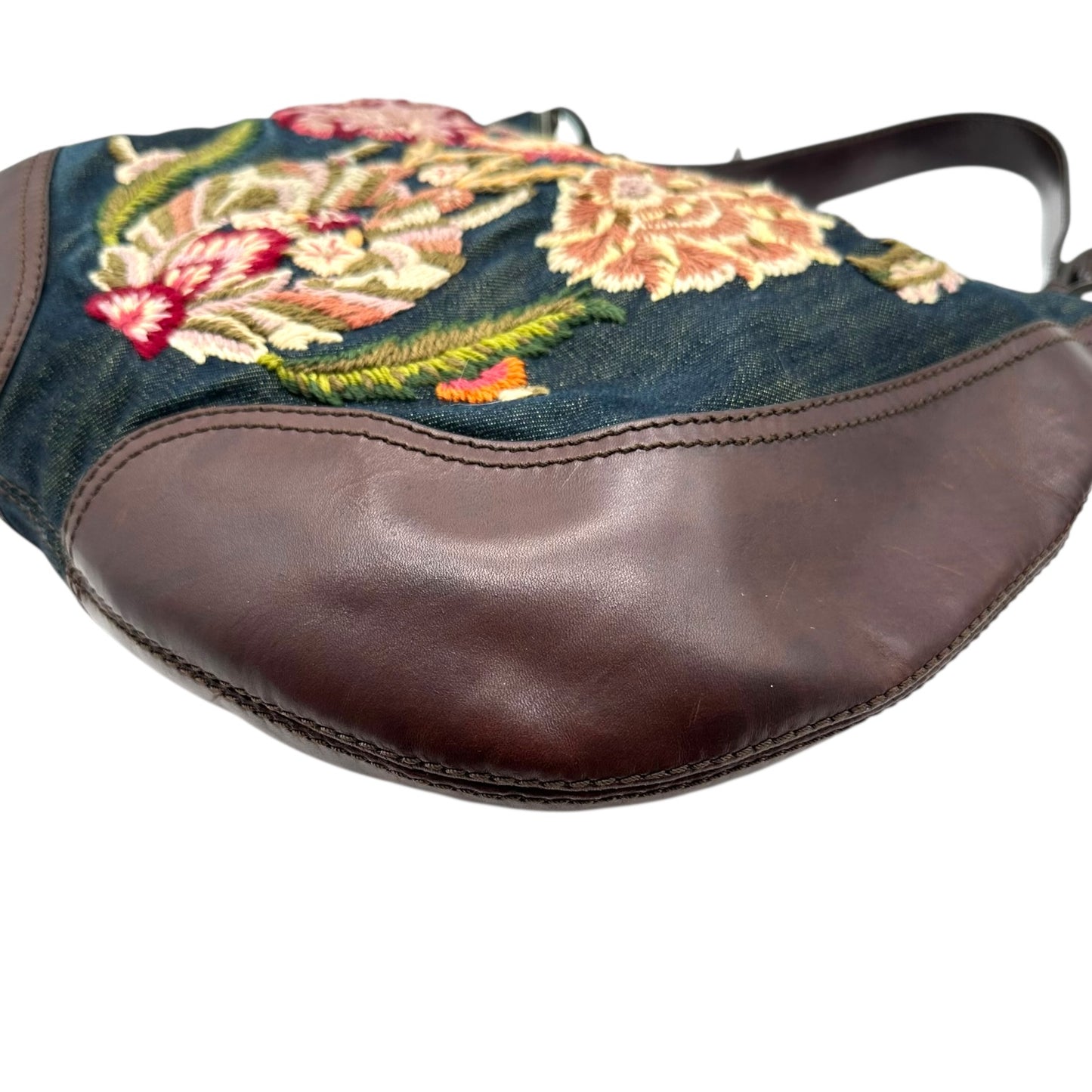 Valentino Garavani Denim & Leather Floral Embroidered Hobo Bag