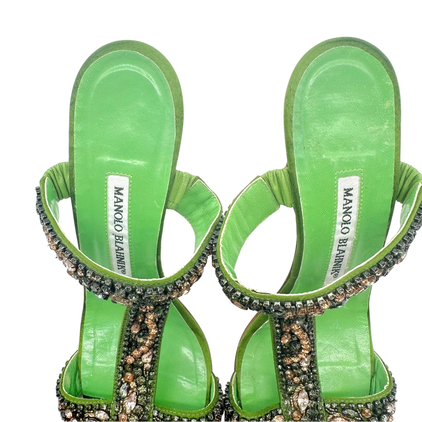 Manolo Blahnik Green Crystal Embellished Sandal Heels