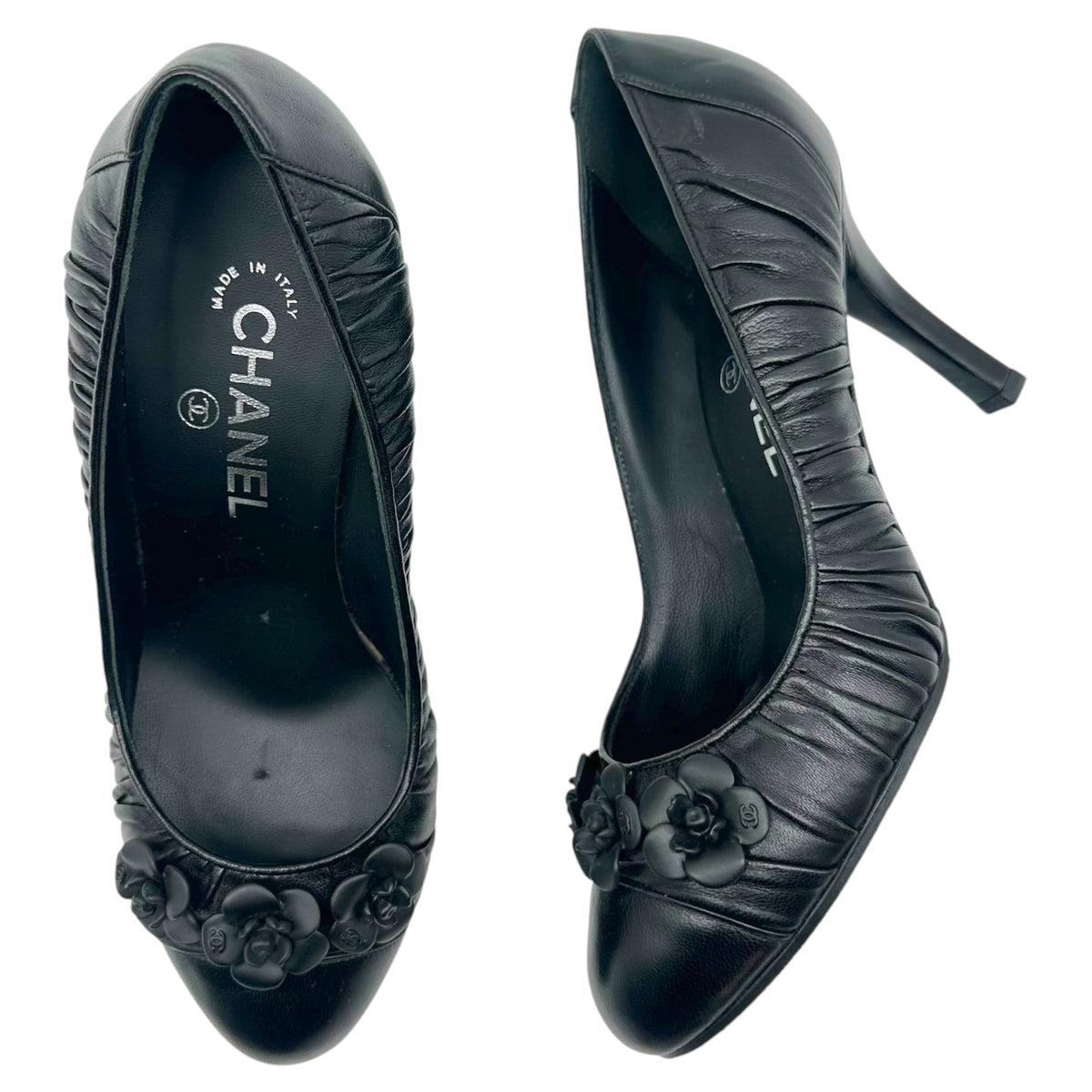 Chanel Black Ruched Leather Camellia Flower Pumps