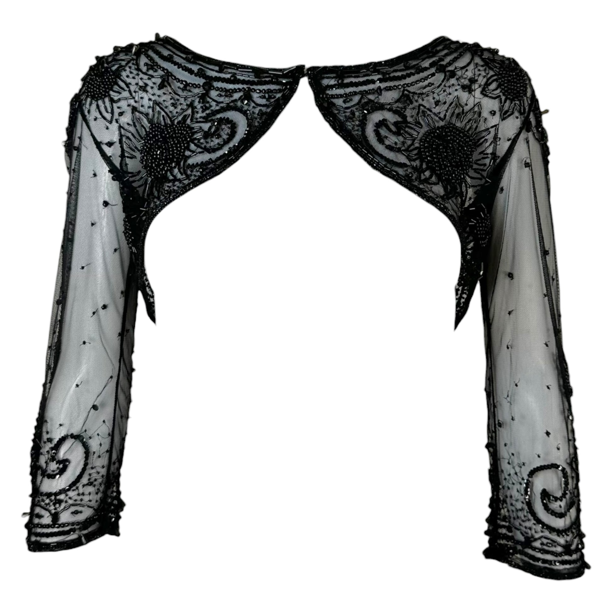 Galliano Black Beaded Open Knit Cropped Bolero Cardigan