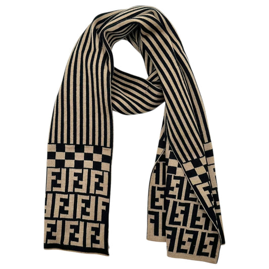 Fendi Tan & Brown Striped Zucca Monogram Wool Scarf
