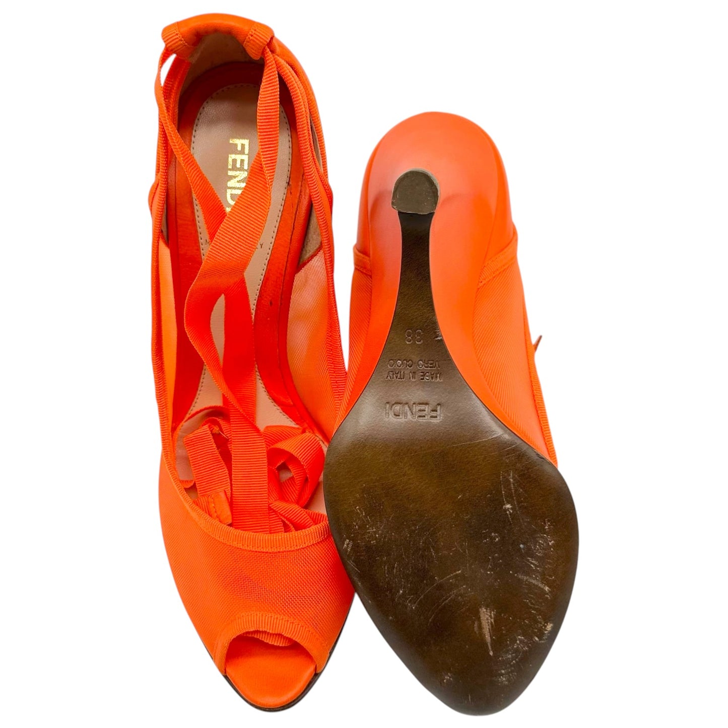 Fendi Orange Mesh Peep-Toe Wedge Wrap Heels