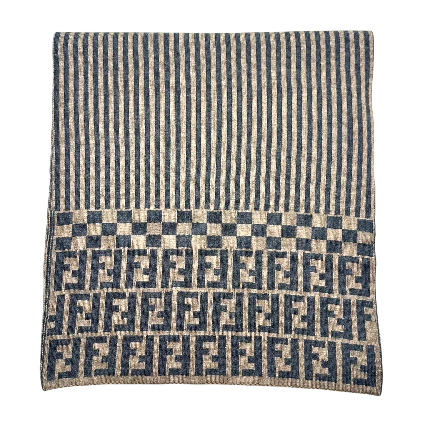 Fendi Gray & Tan Zucca Logo Striped Wool Scarf