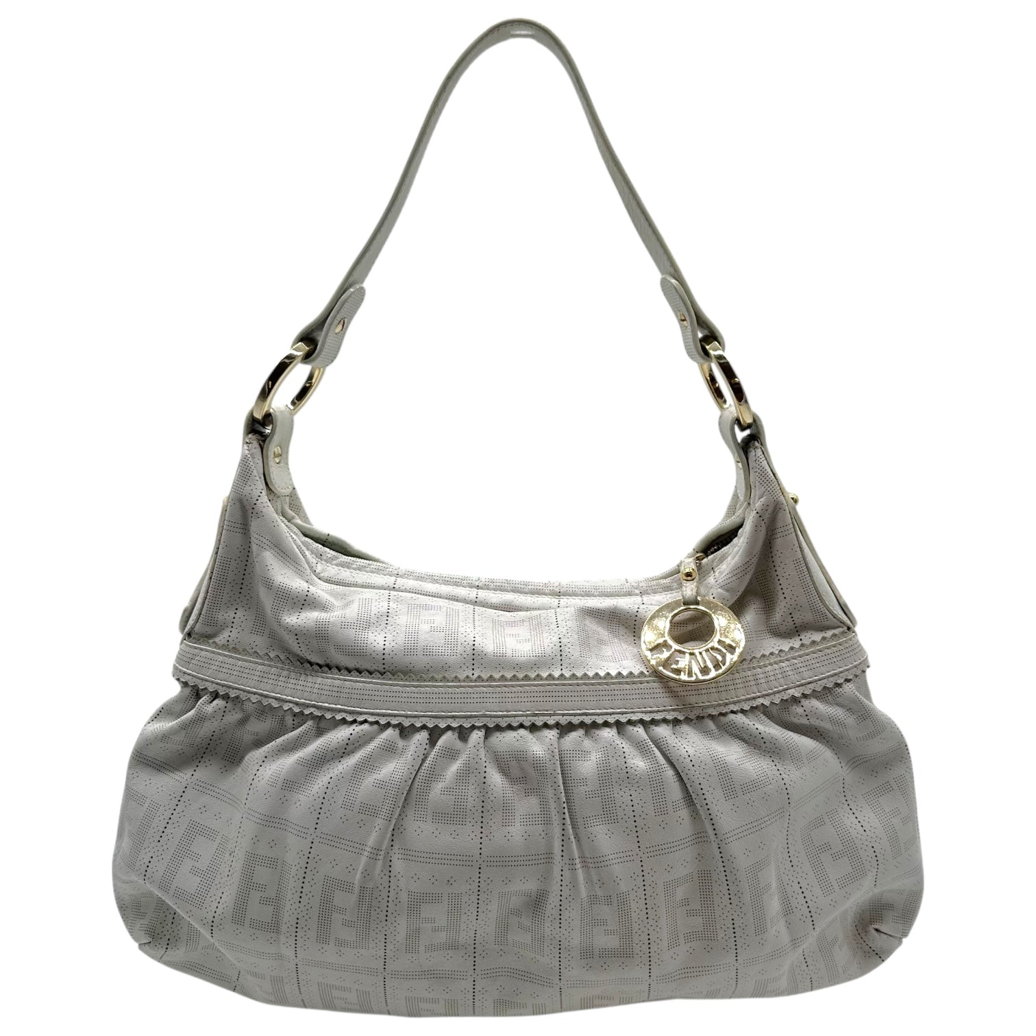 Fendi White Perforated Leather  Zucca Monogram Medium Chef Bag - Outfit Repeater