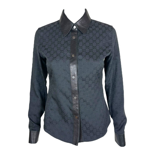 Gucci by Tom Ford F/W 2000 Black Monogram & Leather Button Up Top
