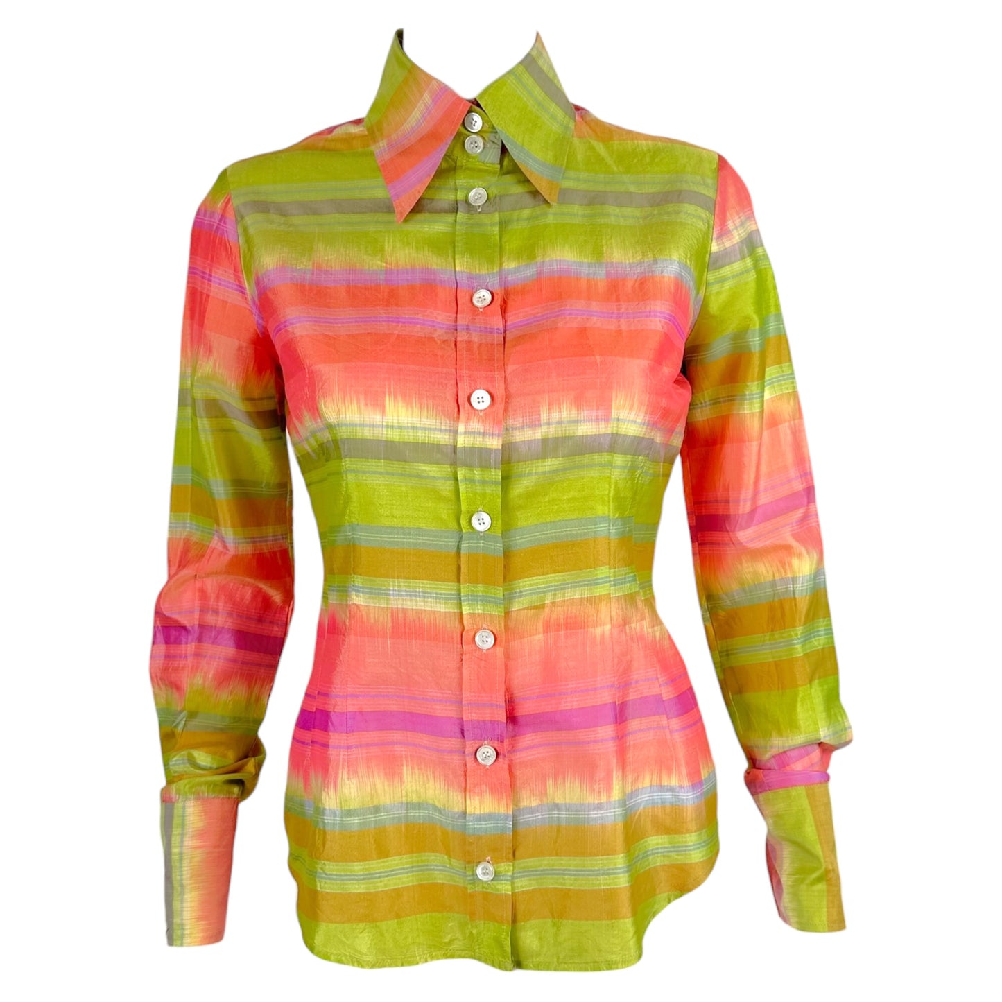 Dolce & Gabbana Silk Blouse Pink Green Plaid Button-Up
