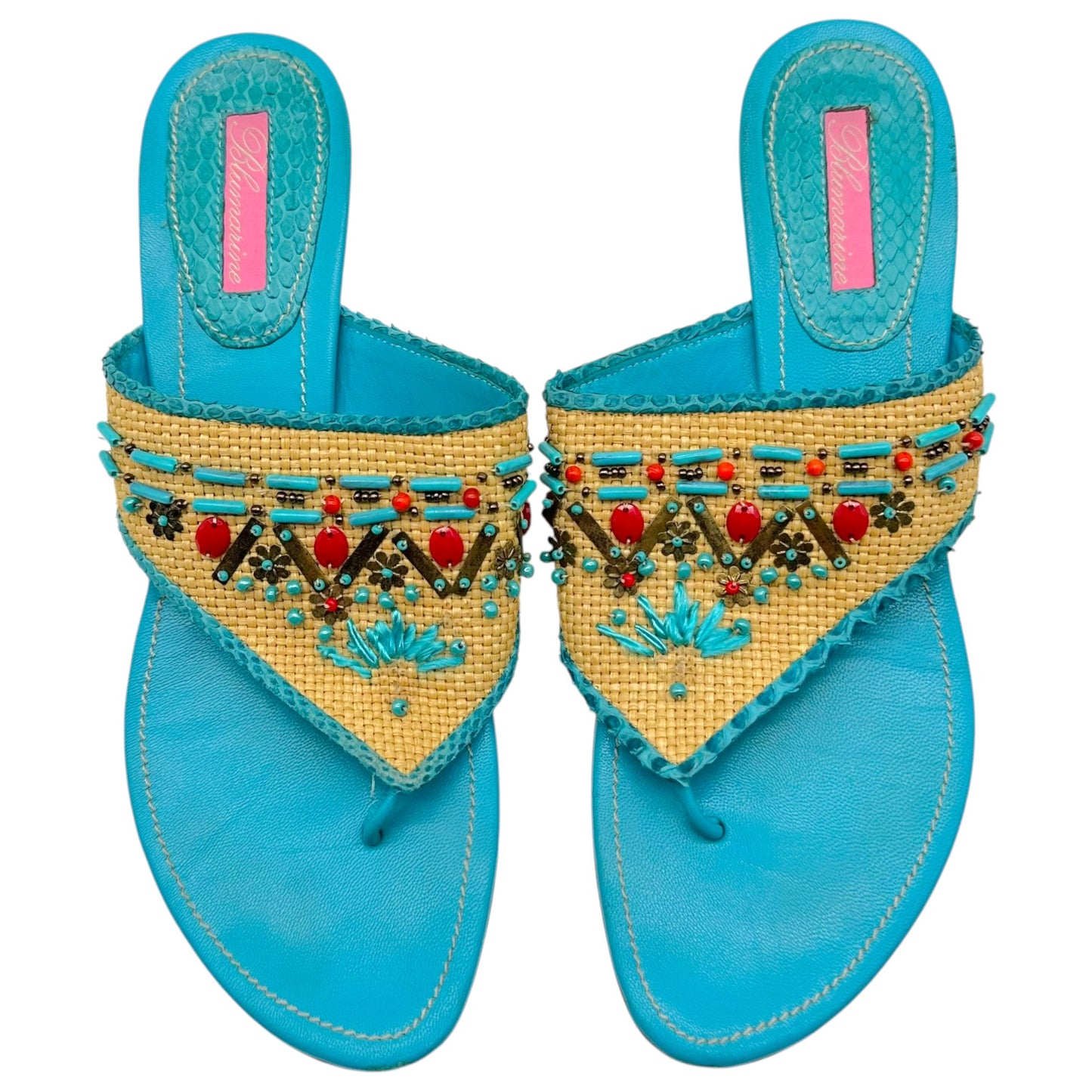 Blumarine Multicolor Beaded Raffia Kitten Heel Flip Flops