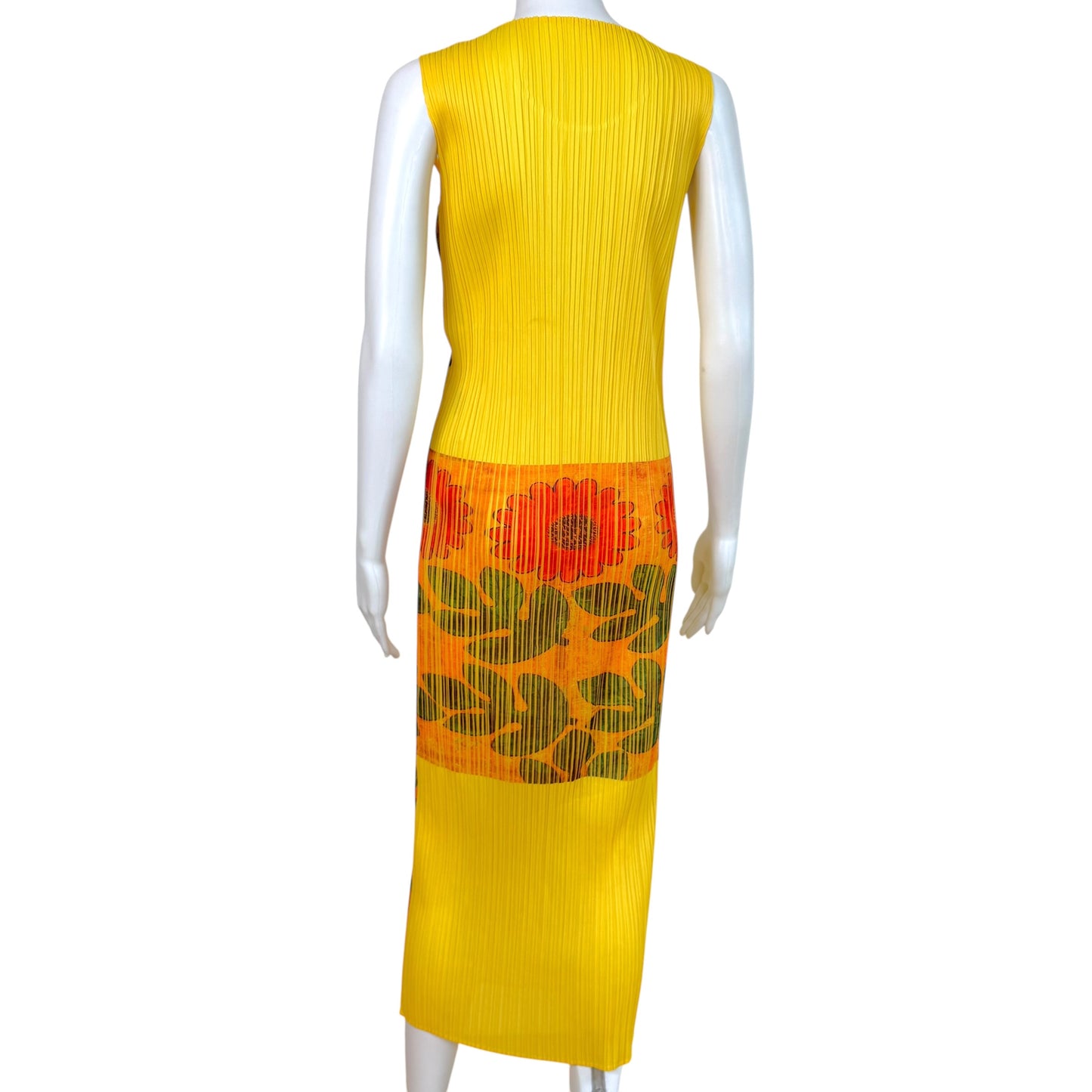 Issey Miyake Pleats Please Yellow Multi Yin-Yang & Bamboo Leaf Printed Dress Sz 3