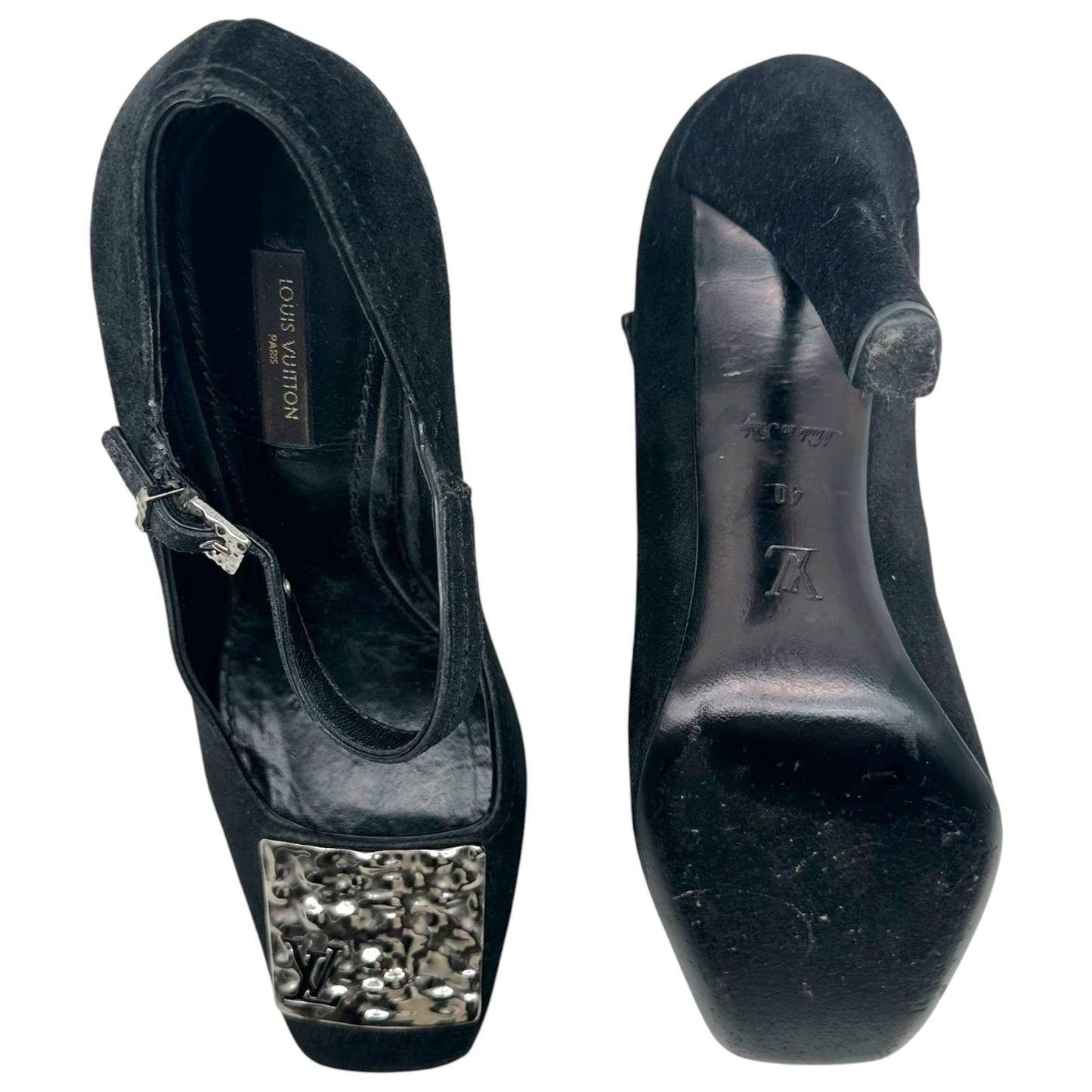 Louis Vuitton Black Suede & Silver Hardware Square Toe Mary Jane Pumps