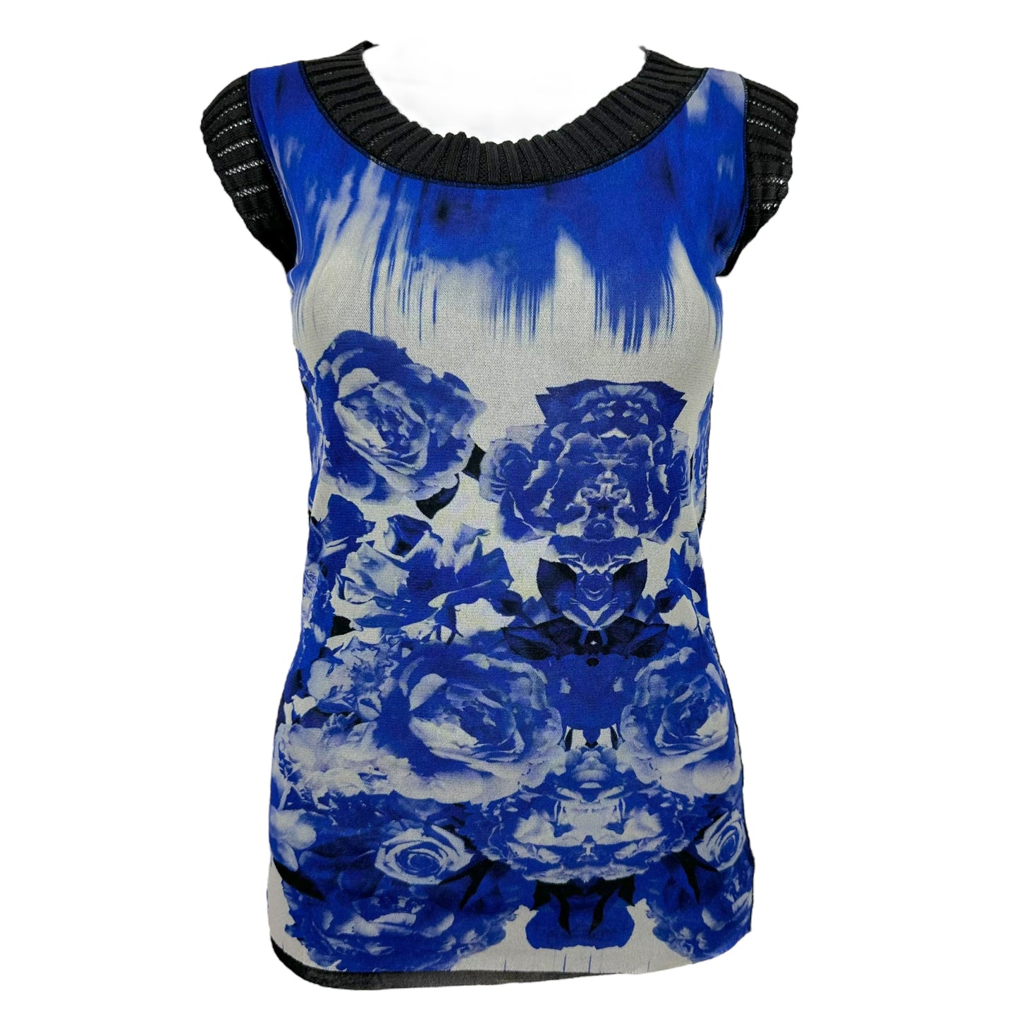 Jean Paul Gaultier Blue Rose Print Mesh Tank