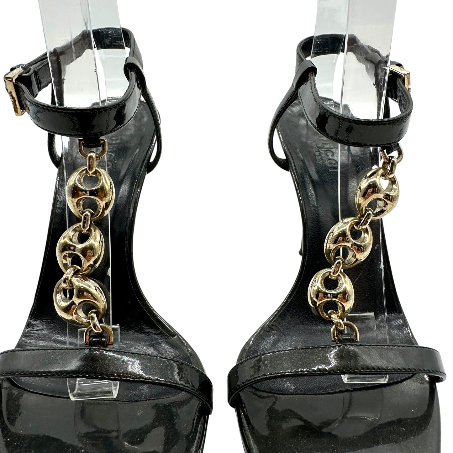 Gucci Black Patent Leather Gold Chain Link Heeled Sandals