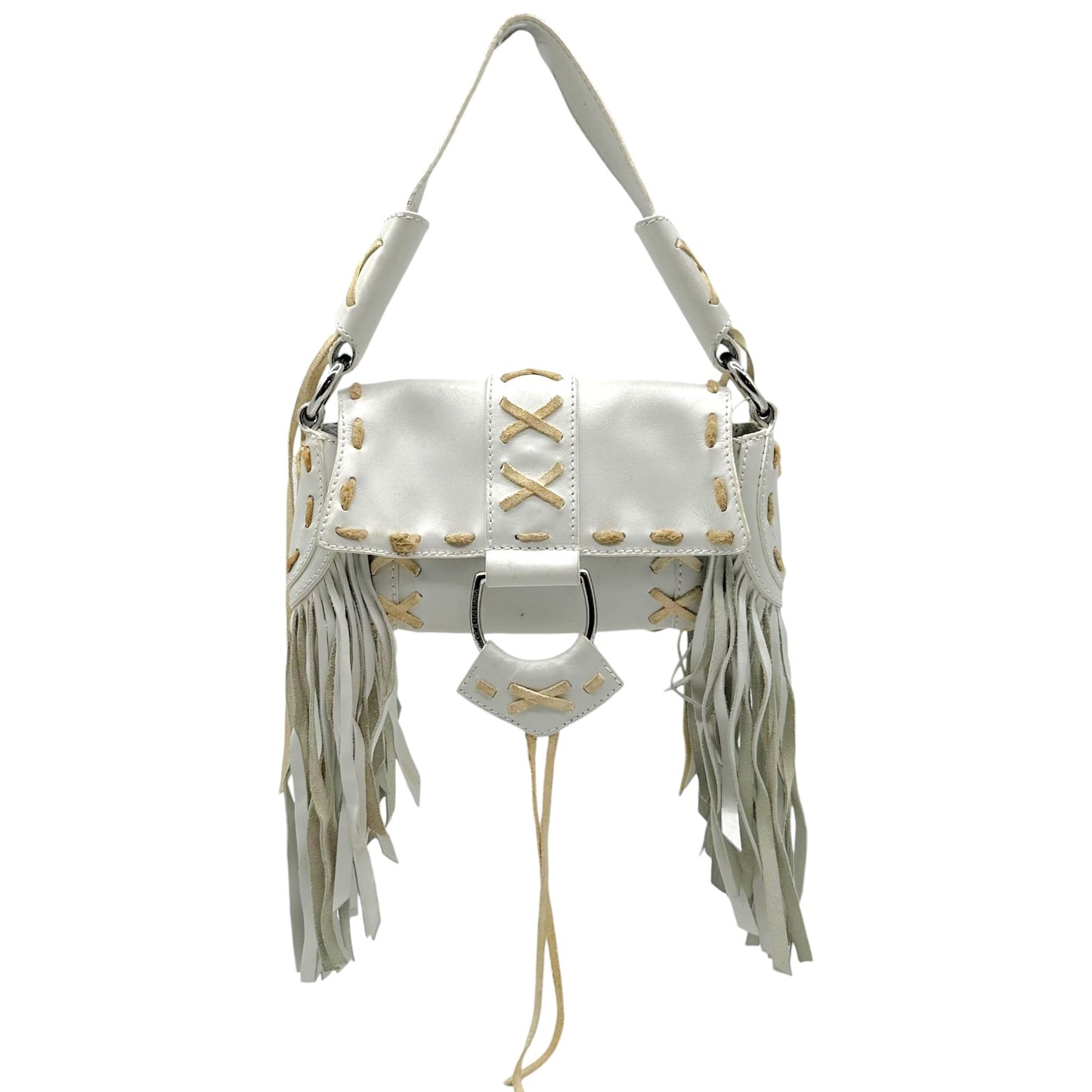 Dolce & Gabbana White Leather Fringe Trim Shoulder Bag