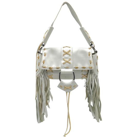 Dolce & Gabbana White Leather Fringe Trim Shoulder Bag