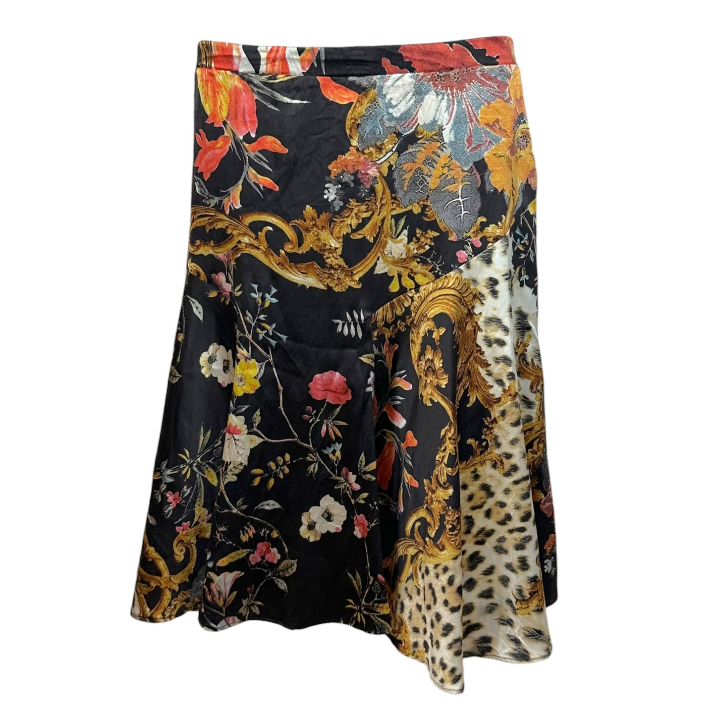 Roberto Cavalli 2005 Leopard Print & Floral Silk Midi Skirt