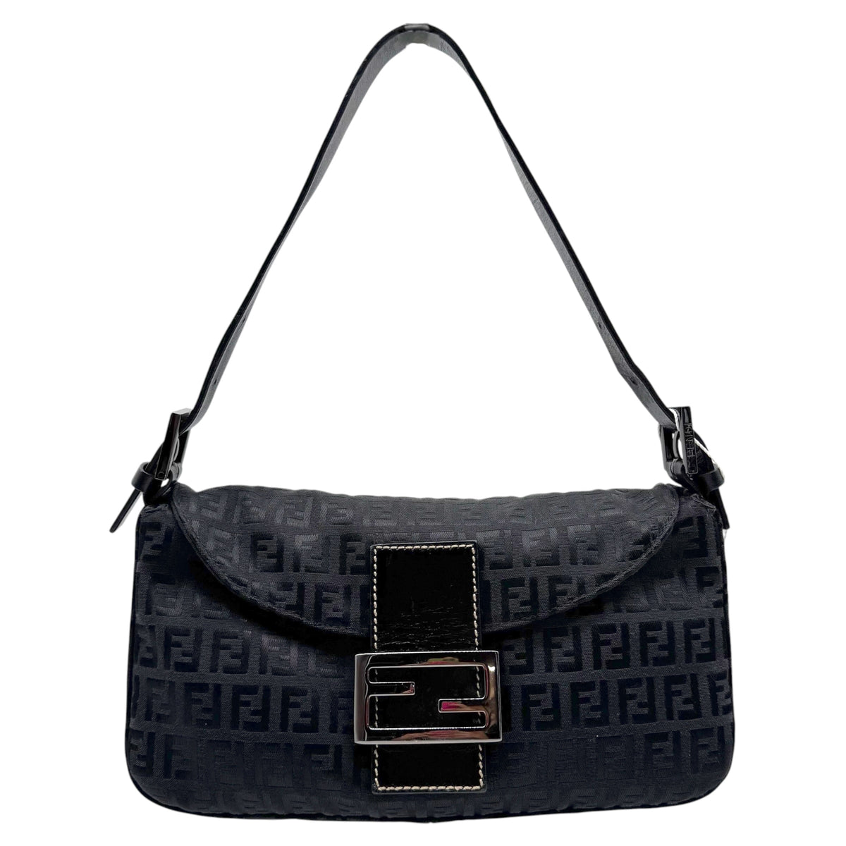 Fendi Black Zucchino Monogram Fold-Over Baguette Bag