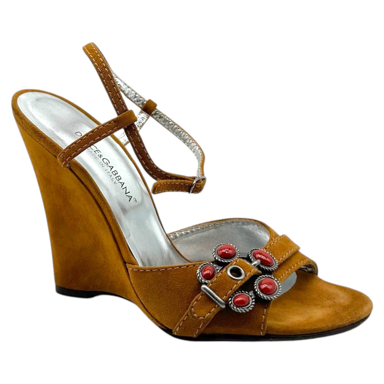 Dolce & Gabbana Brown Suede Wedge Heels with Red Stones