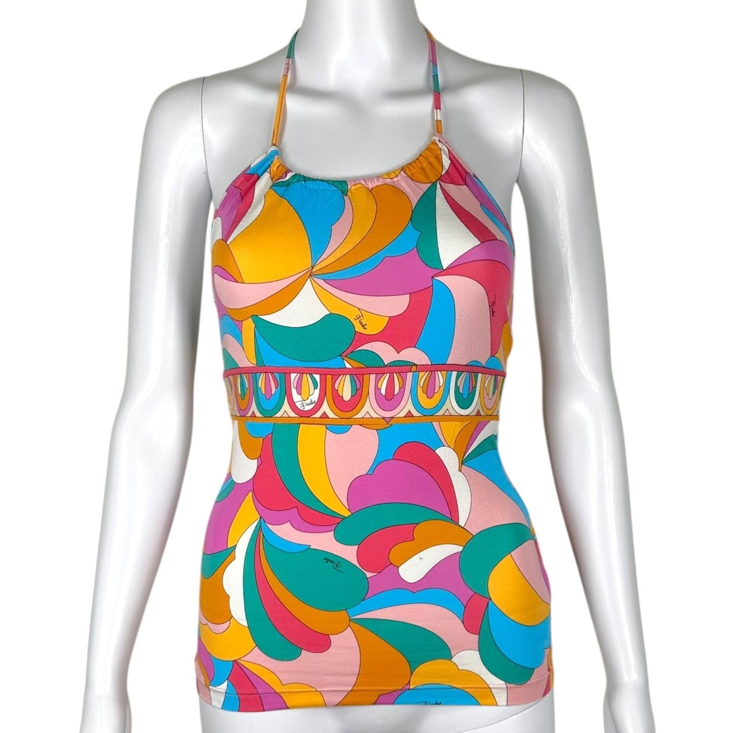 Emilio Pucci Orange Multicolor Printed Halter Tank Top