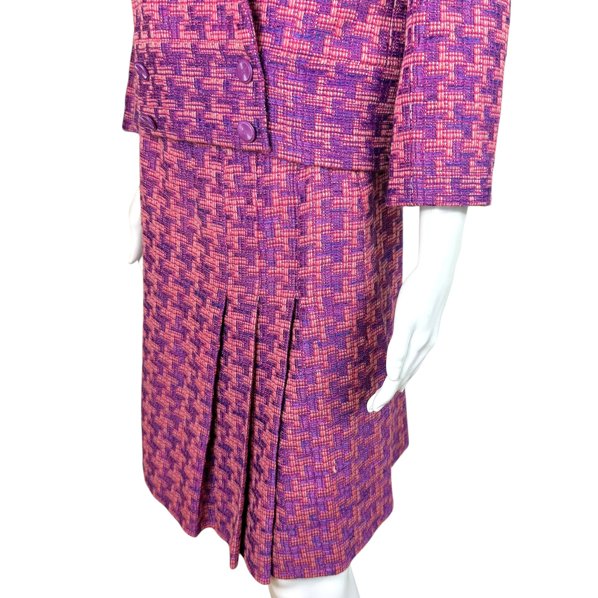 Chanel Pink Purple Houndstooth Tweed Crop Blazer Midi Skirt