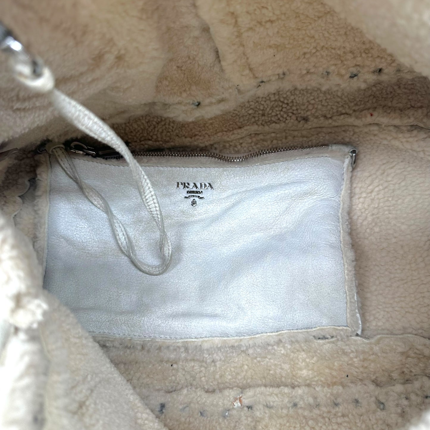 Prada Off White Studded Shearling 2-Way Bag