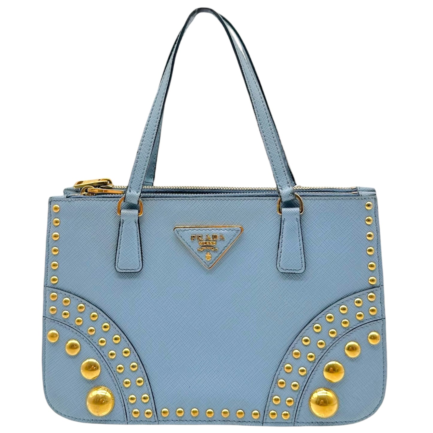 Prada Light Blue & Gold Studded Saffiano 2-Way Mini Tote Bag