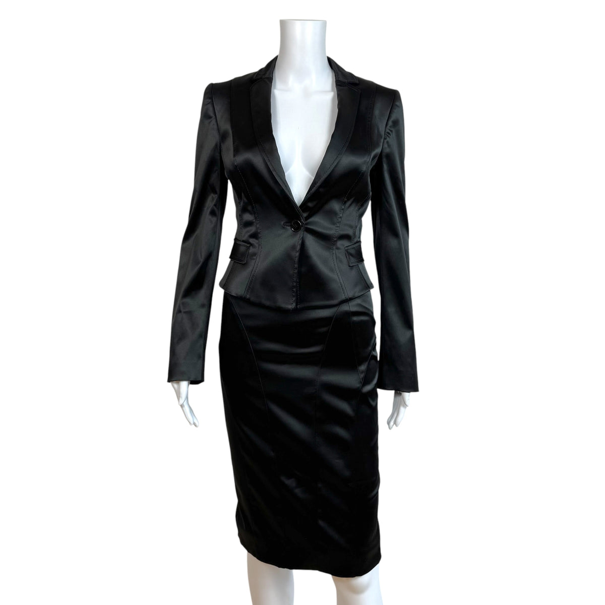 Dolce & Gabbana Black Satin Cropped Blazer Midi Skirt Suit
