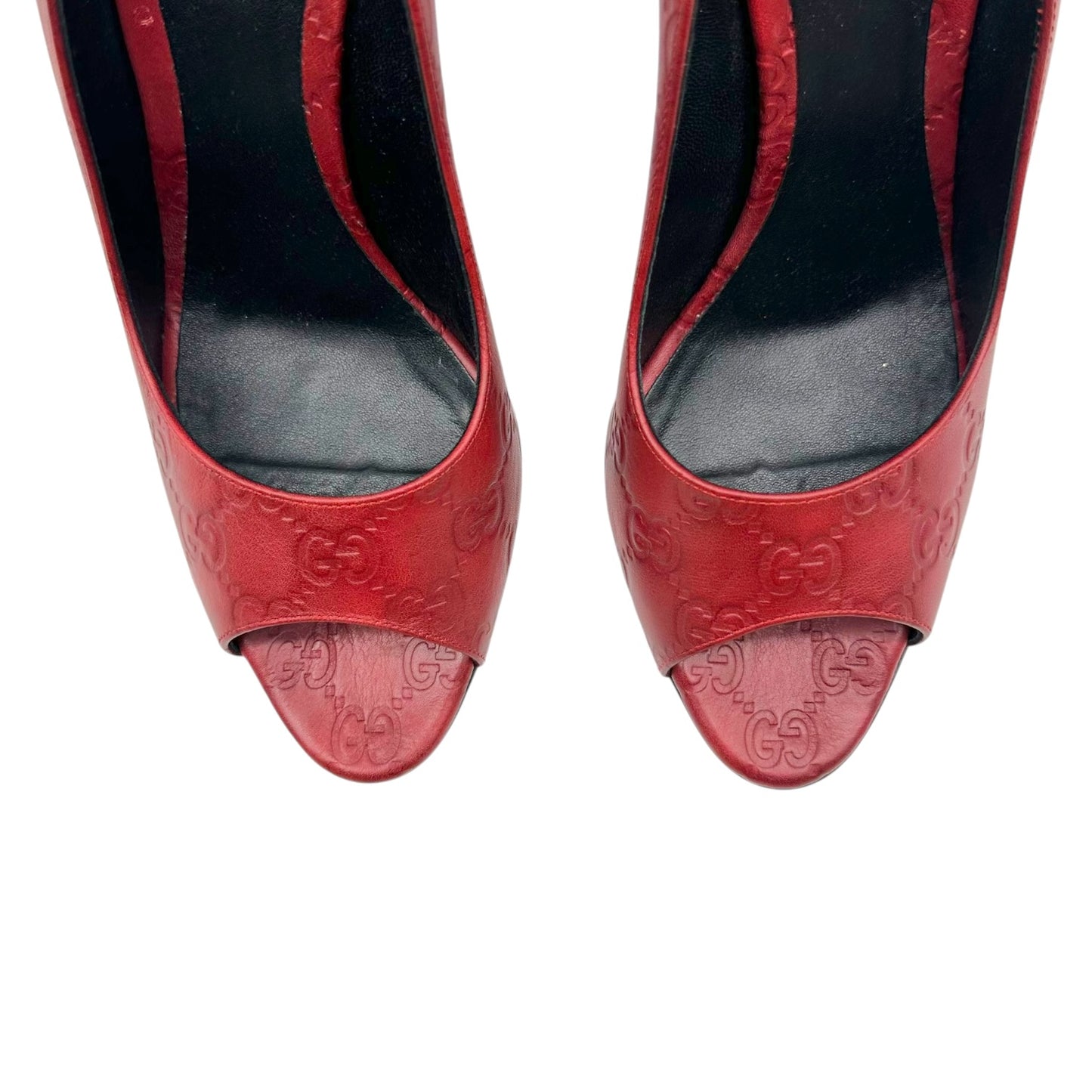 Gucci Red Guccissima Embossed Monogram Peep Toe Pumps