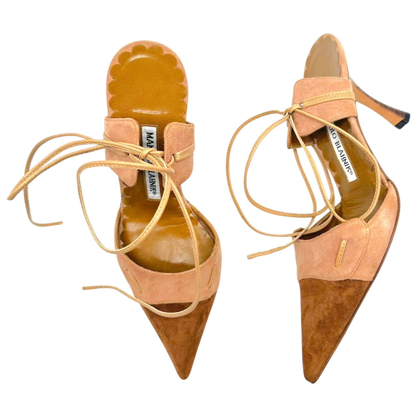 Manolo Blahnik Brown Tan Suede Pointed Toe Wrap Heels