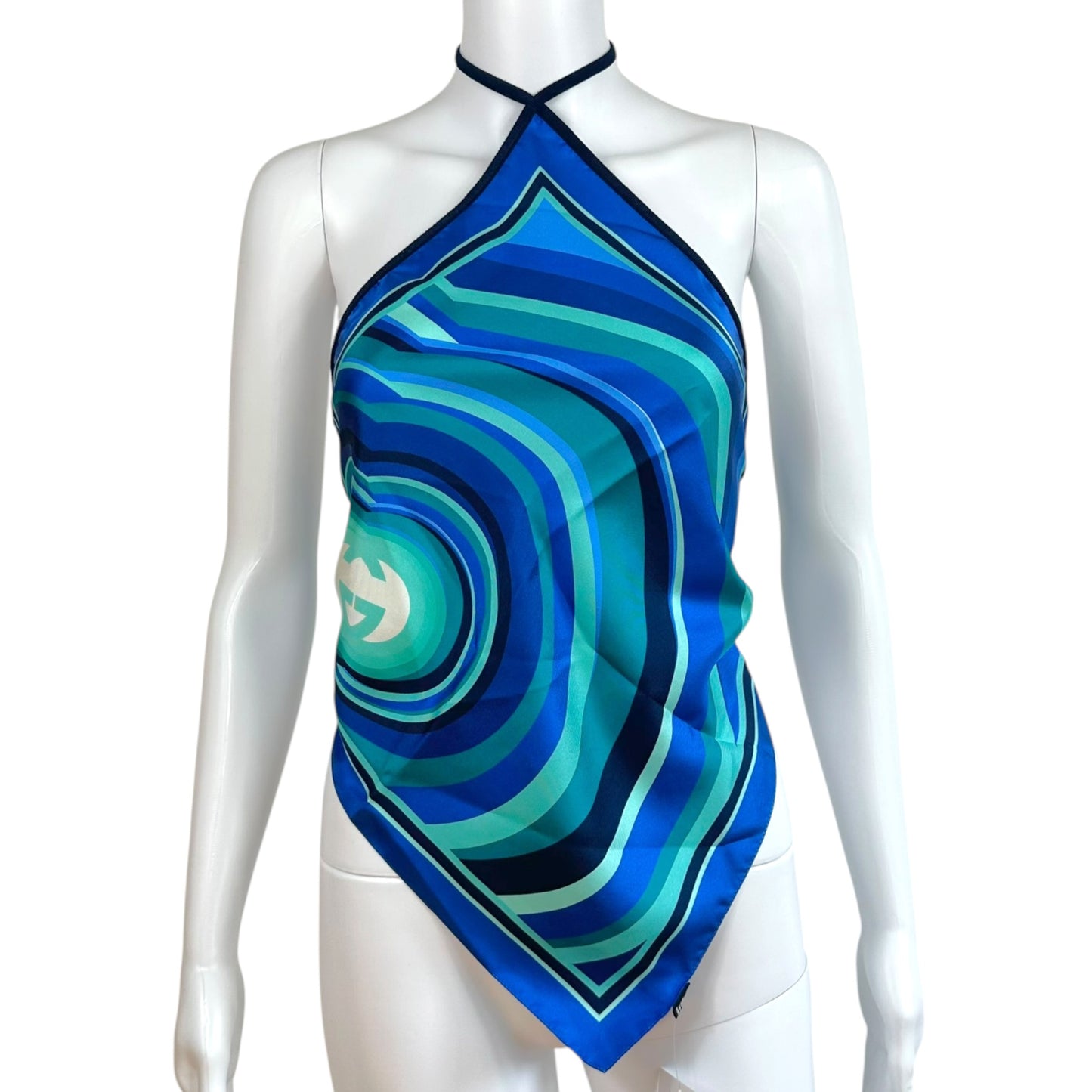 Gucci by Tom Ford Blue & Turquoise Silk Scarf Open-Back Halter Top