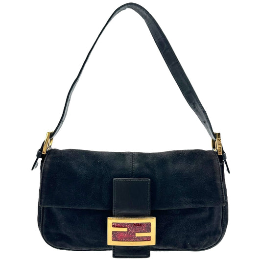Fendi Black Suede & Red Glitter Enamel Baguette Bag