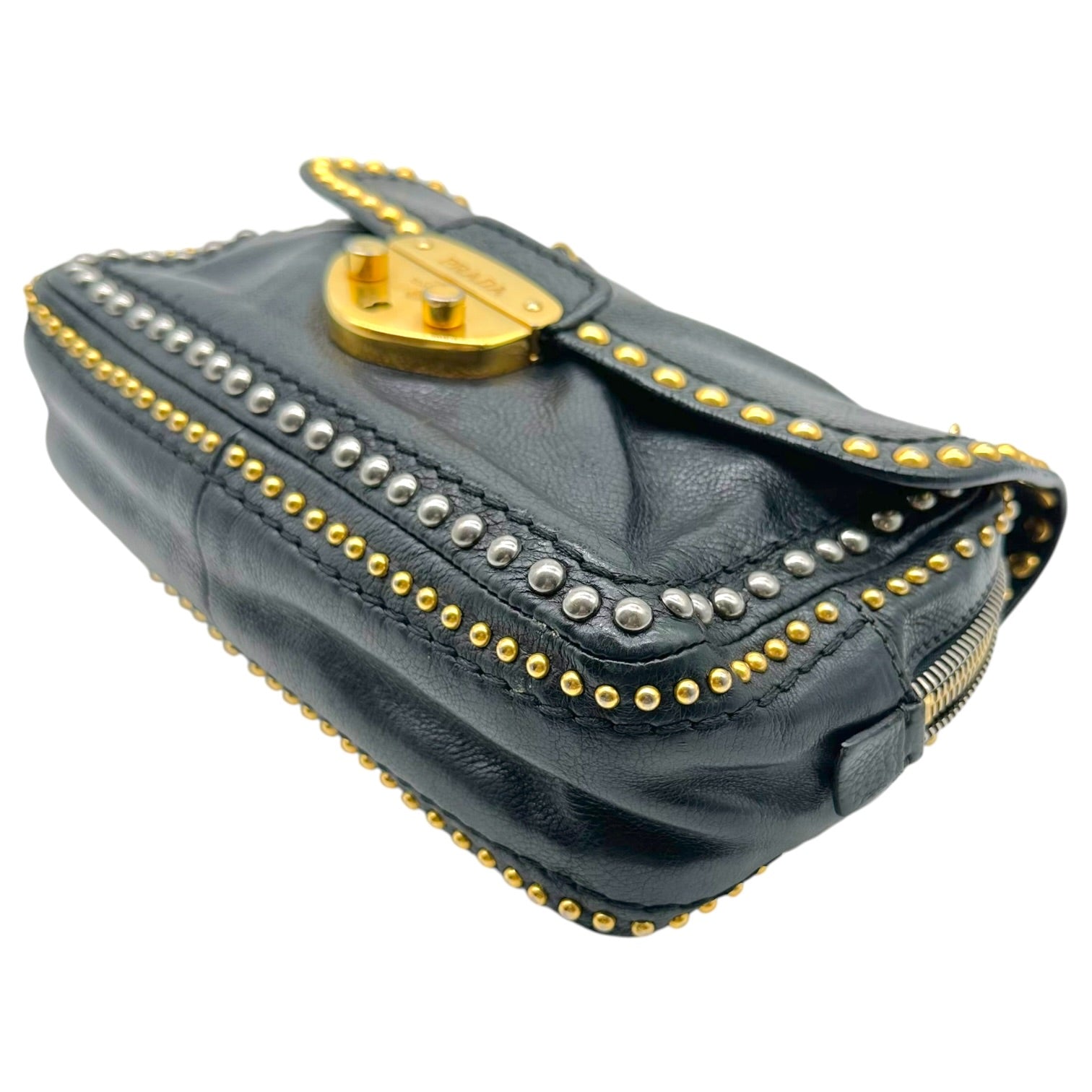 Prada Black Leather Studded Chain Strap Shoulder Bag