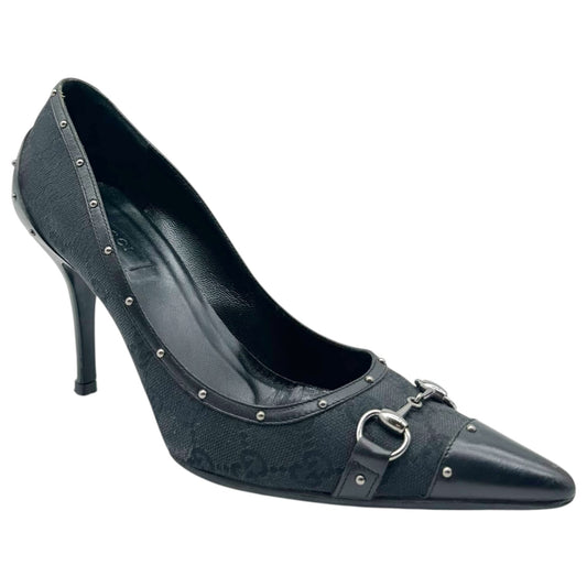 Gucci Black Monogram Studded Horsebit Pointed Toe Heels - Outfit Repeater