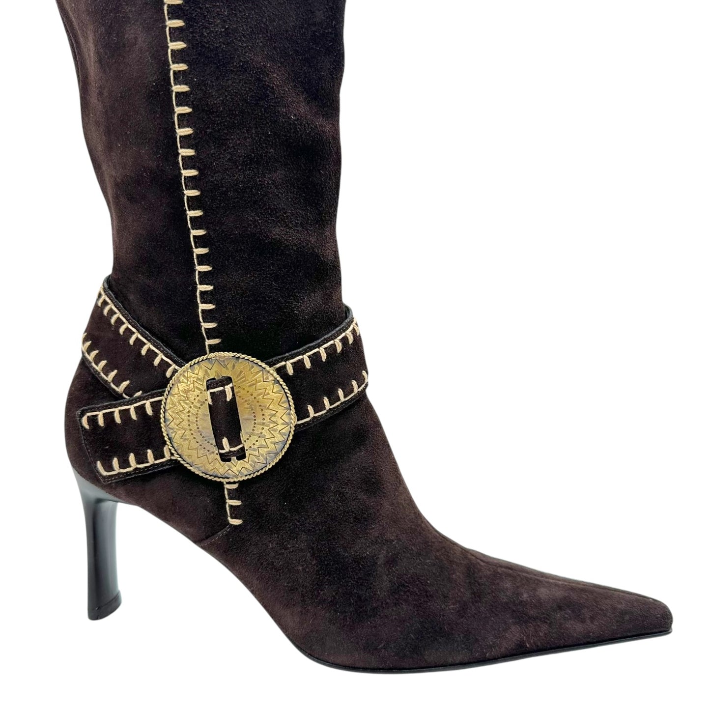 Casadei Brown Suede Whipstitch Pointed Toe Heeled Boots