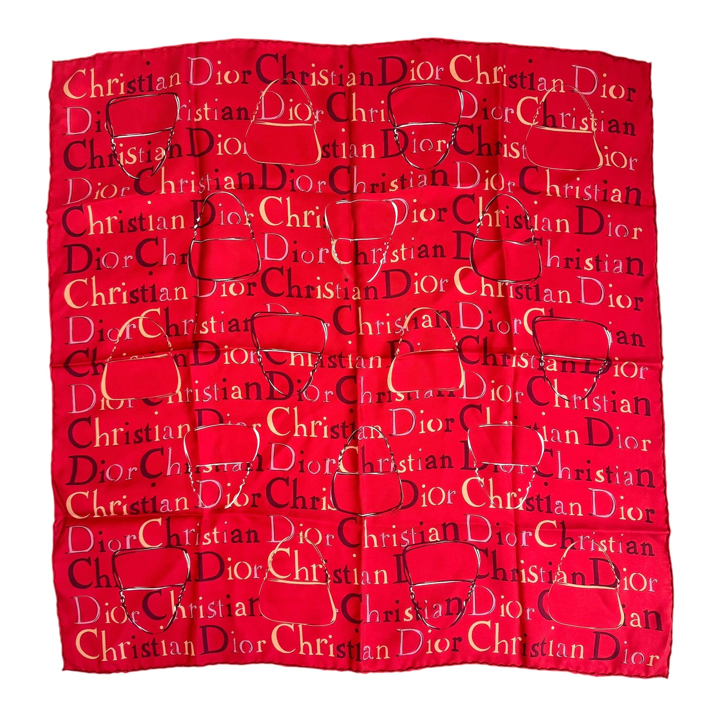 Christian Dior Red Logo & Malice Pearl Bag Print Silk Square Scarf