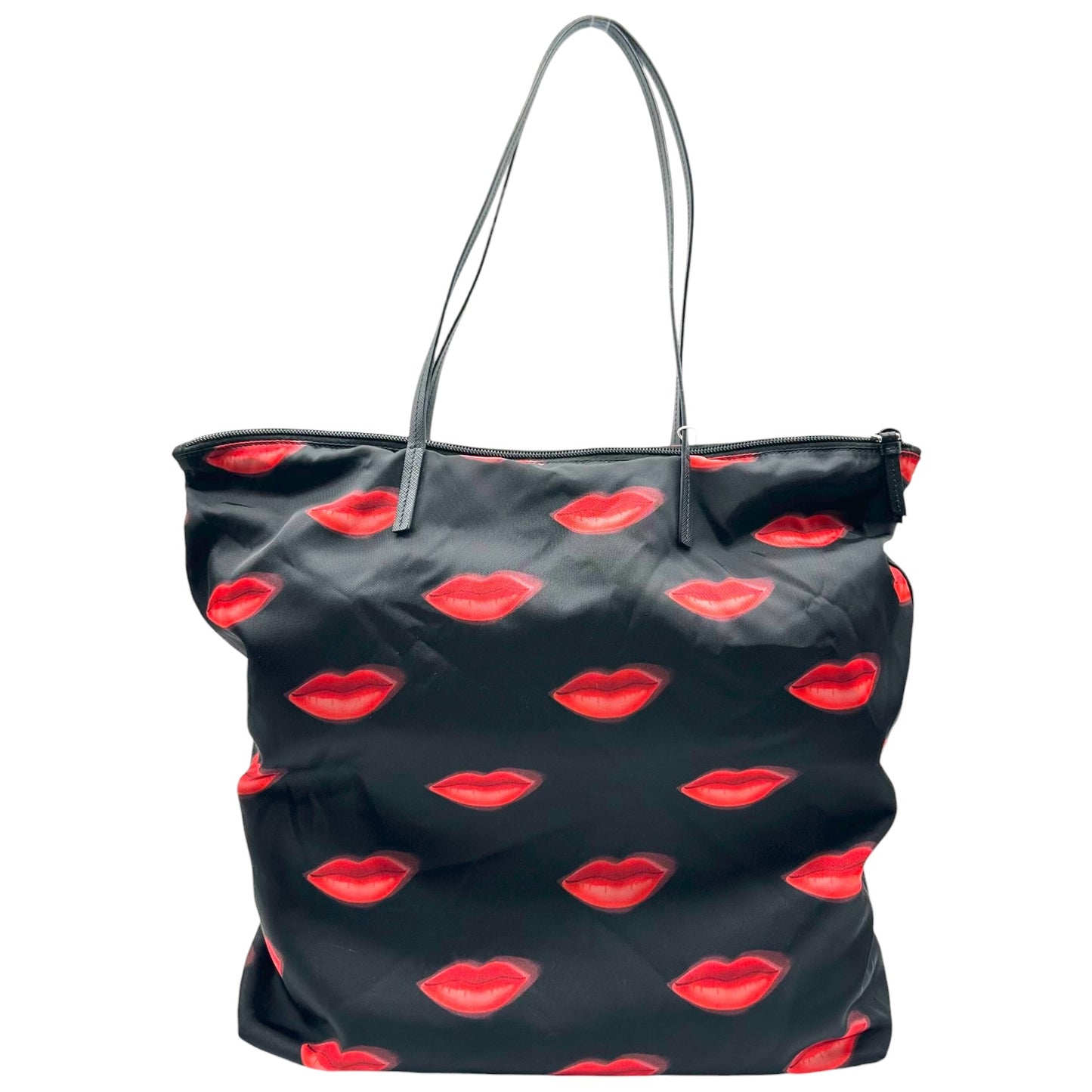 Prada Black Red Lip Print Nylon Tote Bag