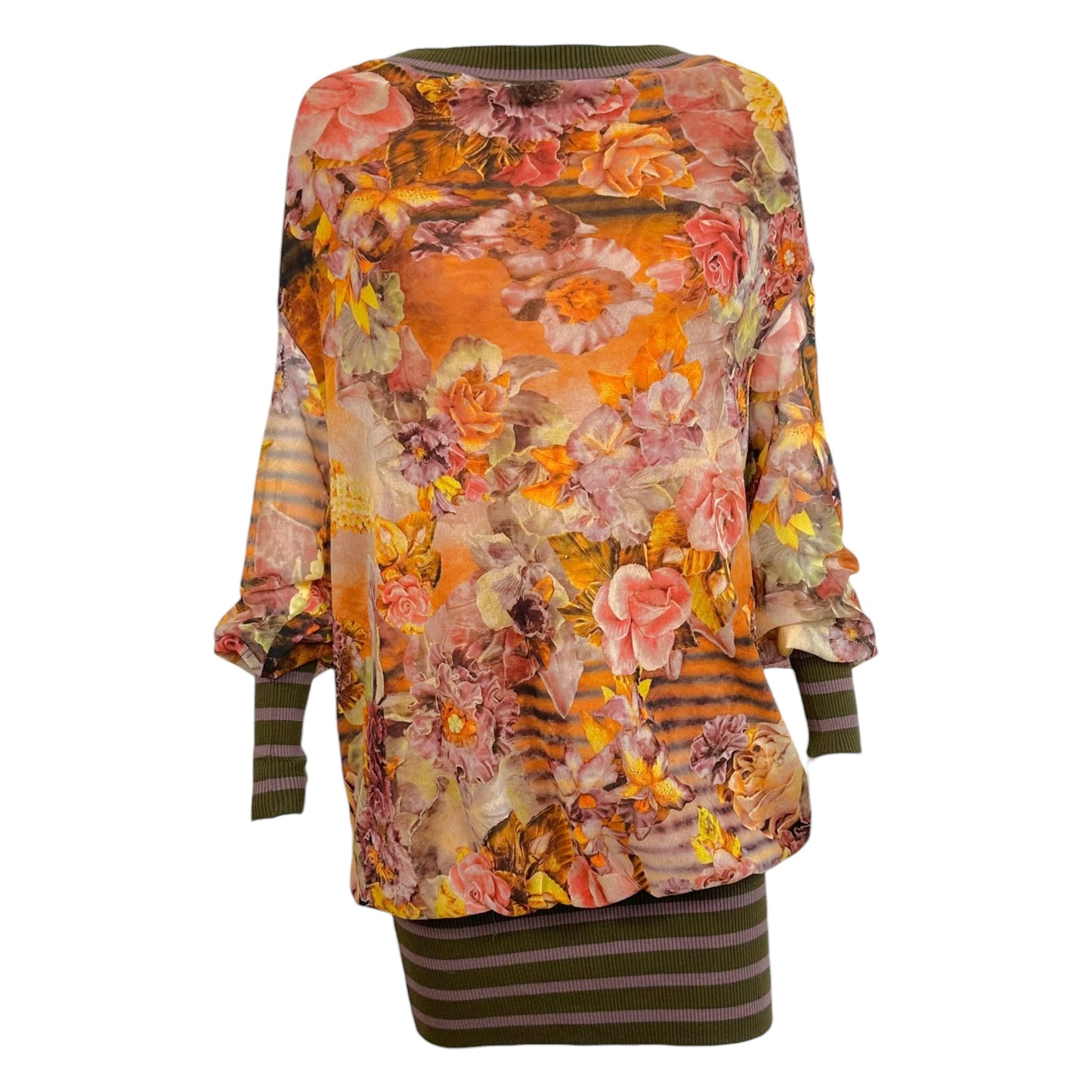 Jean Paul Gaultier Soleil Purple & Orange Floral Mesh Striped Trim Mini Longsleeve Dress