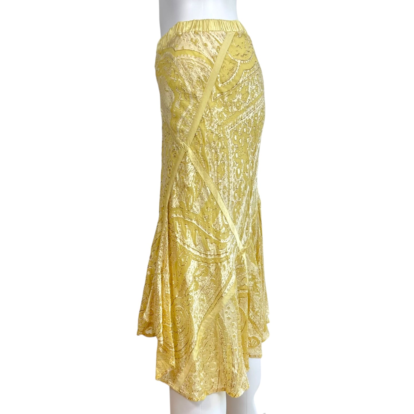 Roberto Cavalli S/S 2004 Yellow Paisley Silk Asymmetrical Hem Midi Skirt