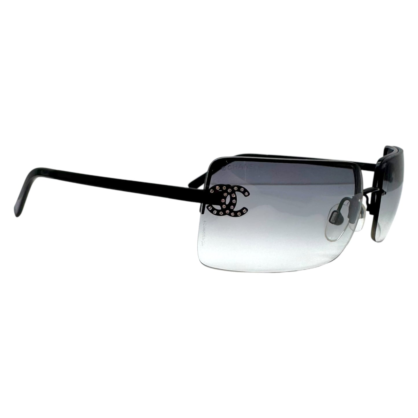 Chanel Rimless Rectangle Sunglasses Black Silver Crystal