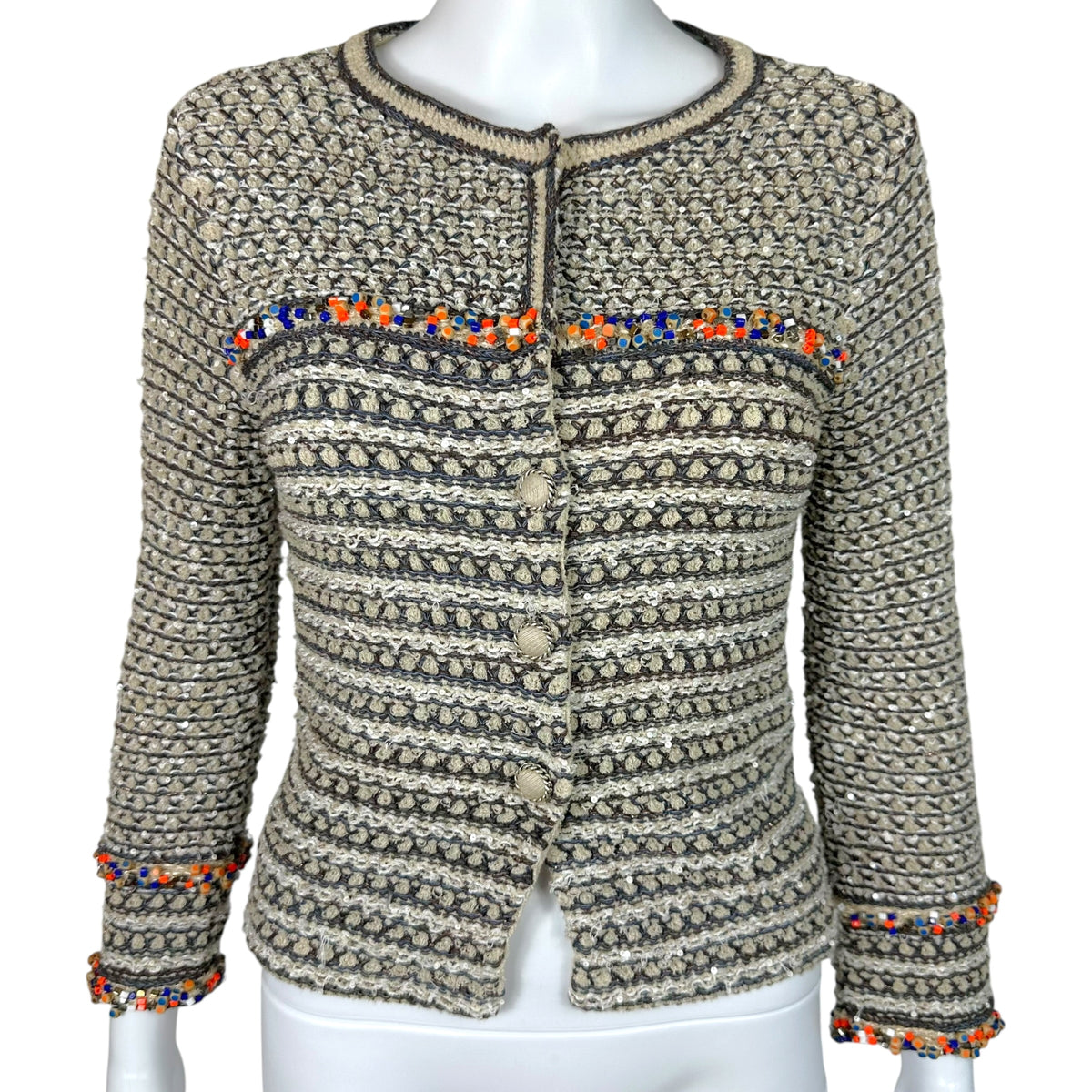 Chanel Taupe Tweed Sequin Knit Crop Cardigan